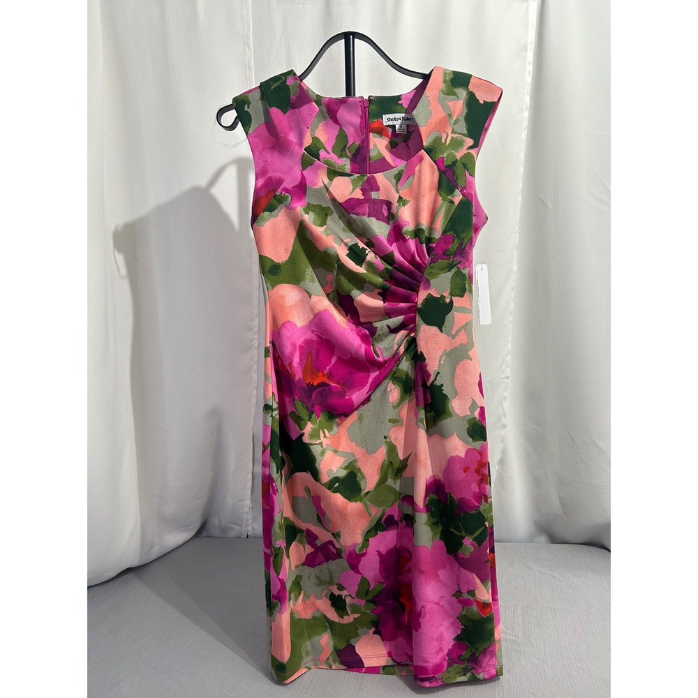 Shelby & Palmer Pink Green Floral Ruched Sheath Dress Size 8 NWT